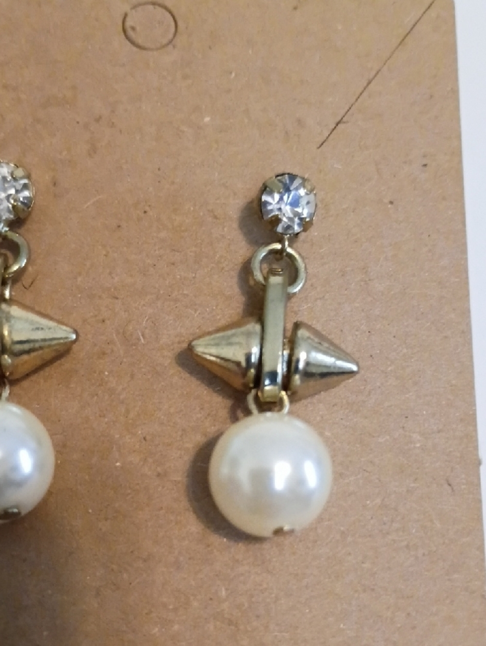 Gold Pearl Drop Dangle Earrings Crystal Accent Bridal Geometric Earrings - Picture 4 of 5
